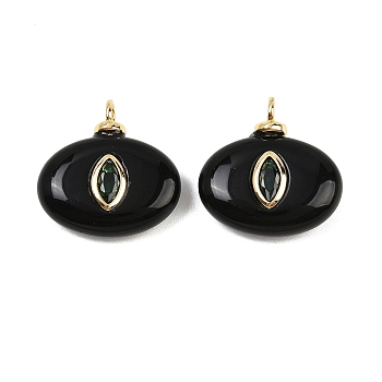 Natural Black Onyx(Dyed & Heated) Pendants, Horse Eye Charms with Brass Micro Pave Cubic Zirconia Findings, Golden, Cadmium Free & Lead Free, Rack Plating, Long-Lasting Plated, 19x18x5.5~7.5mm, Hole: 2.8mm