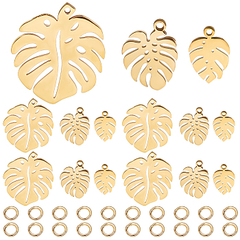 12Pcs 3 Styles 201 & 304 Stainless Steel Pendants, with 20Pcs 304 Stainless Steel Open Jump Rings, Monstera Leaf, Golden, 4.5~24x4.5~21x0.8~1mm, Hole: 1~1.4mm