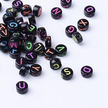 Craft Acrylic Horizontal Hole Letter Beads, Flat Round, Mixed Color, Letter, 6~7x3.5~4mm, Hole: 2mm, about 3600pcs/500g