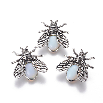 Opalite Brooches, with Alloy Findings, Cicada, Antique Silver, 38x36x8mm, Pin: 0.6mm