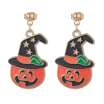 Halloween Pumpkin Alloy Enamel Dangle Stud Earrings, Golden 304 Stainless Steel Jewelry for Women, Orange Red, 38.5mm, Pin: 0.8mm