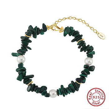 Natural Malachite Braided Beads Bracelets, 925 Sterling Silver Clasps for Women, Real 14K Gold Plated, 6 inch(15.1cm)