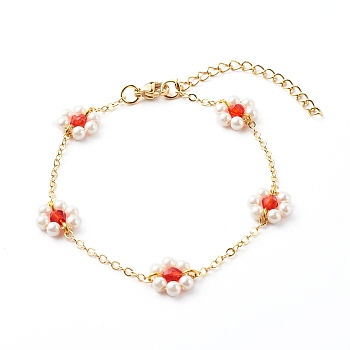 Shell Pearl & Acrylic Beads Flower Link Bracelets, with Brass Cable Chains, Golden, Red, 2mm, 7-1/4 inch(18.4cm)