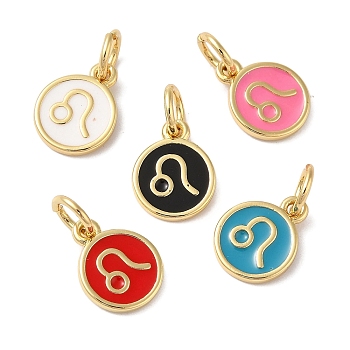 Real 18K Gold Plated Brass Enamel Charms, with Jump Ring, Long-Lasting Plated, Lead Free & Cadmium Free, Flat Round with Leo Charms, Mixed Color, 10x8x1mm, Hole: 4mm