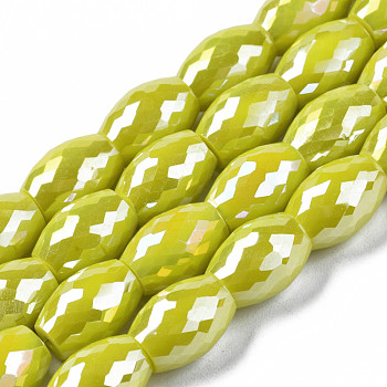 Electroplate Glass Beads Strands, AB Color Plated, Faceted, Oval, Green Yellow, 11x8mm, Hole: 1.2mm, about 60pcs/strand, 26.38 inch(67cm)