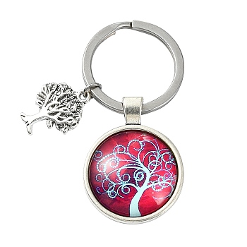 Alloy Glass Keychains, with 304 Stainless Steel Keychain Clasps, Flat Round, FireBrick, 6.2cm