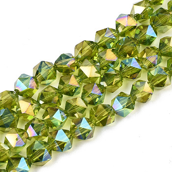 Electroplate Transparent Glass Beads Strands, AB Color Plated, Faceted, Round, Yellow Green, 6x5.5x5.5mm, Hole: 1mm, about 100pcs/strand, 22.44 inch(57cm)