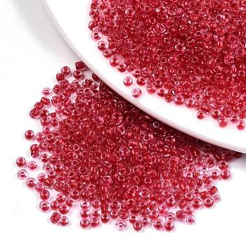 8/0 Glass Seed Beads, Transparent Inside Colours, Round Hole, Round, Crimson, 8/0, 3~4x2~3mm, Hole: 0.8mm, about 1666pcs/50g