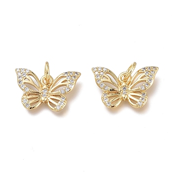 Brass Micro Pave Clear Cubic Zirconia Charms, with Jump Rings, Long-Lasting Plated, Butterfly, Real 18K Gold Plated, 14~15x9.5x2mm, Jump Ring: 5x1mm, Hole: 3.5mm