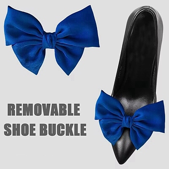 Detachable Ribbon Satin Bowknot Shoe Decoration, with Iron Buckle Clip, Marine Blue, 90~95x125~130x19.5mm