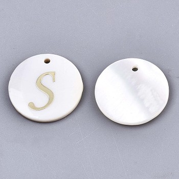 Natural Freshwater Shell Pendants, with Golden Plated Brass Etched Metal Embellishments, Flat Round with Letter, Letter.S, 15x2mm, Hole: 1.2mm