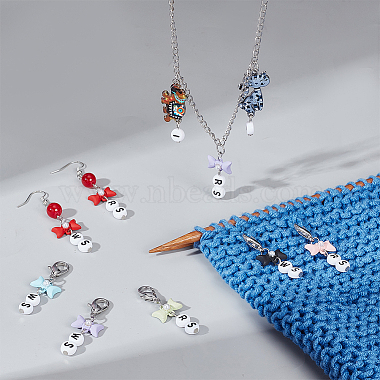 Acrylic Beaded Word RS/WS Pendant Locking Stitch Markers with Alloy Bowknot(HJEW-PH01886)-4