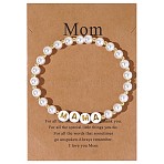 Mother's Day Brass & Plastic Imitation Pearl Round Beads Strertch Bracelets, Acrylic Charm Jewelry for Women, Mama, with Greeting Card, Gold, Adjustable(SK3516-10)