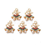 Rack Plating Alloy Pendants, with ABS Plastic Imitation Pearl and Colorful Rhinestone, Cadmium Free & Nickel Free & Lead Free, Christmas Bell Charms, Light Gold, 17.5x14.5x4mm, Hole: 1.8mm(PALLOY-N164-025)