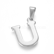 304 Stainless Steel Pendants, Stainless Steel Color, Initial Letter.U, 20x16x1.8mm, Hole: 3x7mm(X-STAS-F106-95P-U-01)