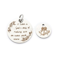 201 Stainless Steel Pendants, Flat Round with Sister Themed Pattern, Stainless Steel Color, 25x1.5mm(STAS-M287)