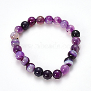 Natural Striped Agate/Banded Agate Beaded Stretch Bracelets, Dyed, Round, Purple, 2-1/8 inch(55mm)(BJEW-Q692-03C)