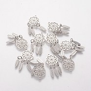 304 Stainless Steel Pendants, Woven Net/Web with Feather, Stainless Steel Color, 31x14x1mm, Hole: 1.5mm(STAS-Q201-T473)
