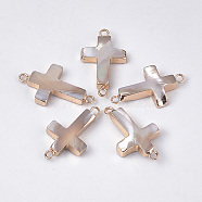 Electroplate Trochus Shell Links connectors, with Iron Findings, Cross, Golden, Tan, 25x14x4mm, Hole: 2mm(SSHEL-S263-28)