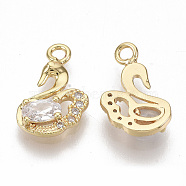 Brass Cubic Zirconia Charms, Nickel Free, Swan, Clear, Real 18K Gold Plated, 13.5x9x2.5mm, Hole: 1.6mm(KK-S355-013-NF)