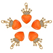 5Pcs Eco-Friendly Brass Micro Pave Cubic Zirconia Pendants, with Enamel & Jump Ring, Real 18K Gold Plated, Long-Lasting Plated, Heart & Crown, Dark Orange, 25x14.5x4mm, Hole: 3.6mm(ZIRC-SZ0003-08B)
