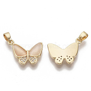 Brass Micro Pave Cubic Zirconia Charms, with Cat Eye, Nickel Free, Butterfly, Real 18K Gold Plated, PeachPuff, 13x17x3mm, Hole: 5x2.5mm(X-KK-S354-134-NF)
