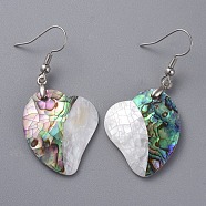 White Shell & Abalone Shell/Paua Shell Dangle Earrings, with Brass Ice Pick Pinch Bails and Earring Hooks, Heart, Platinum, 50mm, Pin: 0.7mm(EJEW-K081-03G)