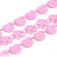 Spray Painted Brass Link Chains, with Spool, Soldered, Heart, Pink, Heart: 6x6.5x0.4mm, Link: 4x3x0.5mm, 32.8 Feet(10m)/roll(CHC-H103-01H)