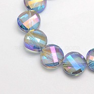 Electroplate Crystal Glass Flat Round Beads Strands, Faceted, Rainbow Color Plated, Sky Blue, 14mm, Hole: 1mm, about 50pcs/strand, 27.5 inch(EGLA-F062B-04)