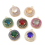 Brass with K9 Glass & Rhinestone Pendants, Light Gold, Flat Round Charms, Mixed Color, 18x15x7.5mm, Hole: 2mm(KK-C024-26KCG)