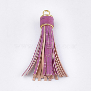 PU Leather Tassel Big Pendants Decorations, with Alloy Findings, Wood Grain, Golden, Medium Violet Red, 90~94x16~16.5mm, Hole: 6mm(FIND-T048-05E)