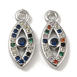 Brass Micro Pave Colorful Cubic Zirconia Pendants, Evil Eye, Real Platinum Plated, 13.5x6x2mm, Hole: 1.2mm(KK-R152-21P)