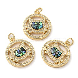 Rack Plating Brass Cubic Zirconia Pendants, with Enamel & Shell, Long-Lasting Plated, Lead Free & Cadmium Free, Real 18K Gold Plated, with Jump Rings, Flat Round & Cat, Black, 21x19x4mm, Hole: 3mm(KK-K385-082G-01)