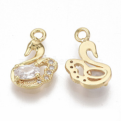 Brass Cubic Zirconia Charms, Nickel Free, Swan, Clear, Real 18K Gold Plated, 13.5x9x2.5mm, Hole: 1.6mm(KK-S355-013-NF)