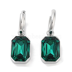 304 Stainless Steel Hoop Earring, Rectangle Glass Dangle Earring for Women, Stainless Steel Color, Green, 31mm, Pin: 0.9mm(EJEW-C017-06P-01)