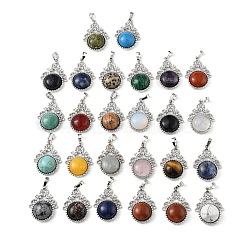 Natural & Synthetic Mixed Gemstone Pendants, with Rack Plating Brass Findings, Cadmium Free & Lead Free, Flat Round & Flower, 34~34.5x25.5~26x8.5~9mm, Hole: 8x5.5mm(G-P498-01P)