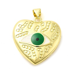 Real 18K Gold Plated Brass Pendants, with Enamel, Heart with Eye Charm, Green, 25x23.5x6mm, Hole: 5x3.5mm(KK-A198-07G-01)