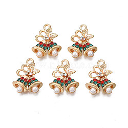 Rack Plating Alloy Pendants, with ABS Plastic Imitation Pearl and Colorful Rhinestone, Cadmium Free & Nickel Free & Lead Free, Christmas Bell, Light Gold, 17.5x14.5x4mm, Hole: 1.8mm(PALLOY-N164-025)
