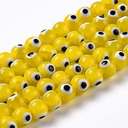 Handmade Evil Eye Lampwork Round Bead Strands, Yellow, 8mm, Hole: 1mm, about 49pcs/strand, 14.17 inch(X-LAMP-L055-8mm-01)