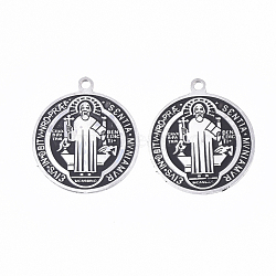 304 Stainless Steel Pendants, with Enamel, Enamelled Sequins, Flat Round with Saint Benedict Medal, Stainless Steel Color, 28x25x0.7mm, Hole: 2mm(STAS-S079-104P)