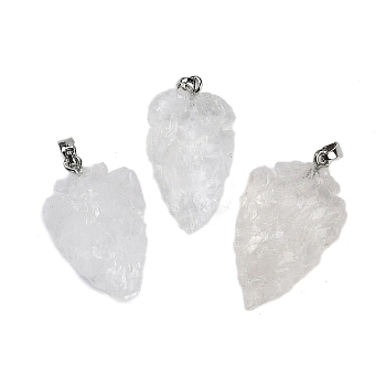 Raw Rough Natural Quartz Crystal Pendants, Rock Crystal Arrow Head Charms with Stainless Steel Snap on Bails, Stainless Steel Color, 31~39.5x19~25x8~14.5mm, Hole: 2.5x3.5mm