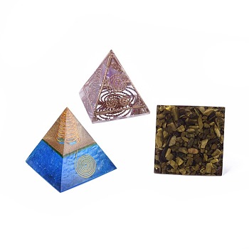 Orgonite Pyramid, Resin Home Display Decorations, with Brass Findings and Gemstone Inside, Mixed Color, 47~50x47~50x47~50mm