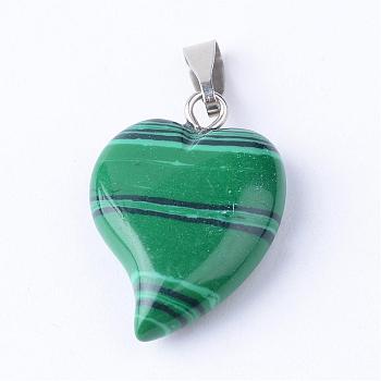 Synthetic Malachite Pendants with Brass Findings, Heart, 21~23x14~15x5~6mm, Hole: 2x6mm