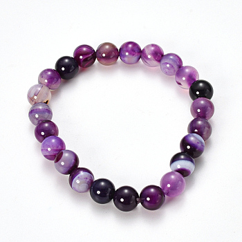 Natural Striped Agate/Banded Agate Beaded Stretch Bracelets, Dyed, Round, Purple, 2-1/8 inch(55mm)