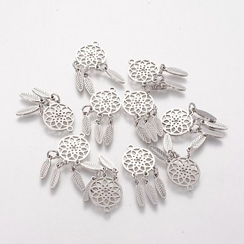 304 Stainless Steel Pendants, Woven Net/Web with Feather, Stainless Steel Color, 31x14x1mm, Hole: 1.5mm