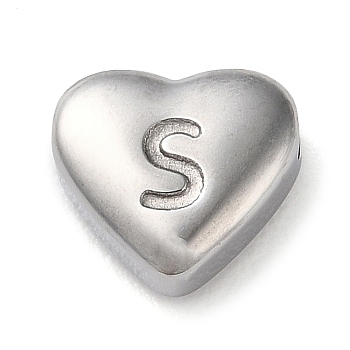 201 Stainless Steel Beads, Stainless Steel Color, Heart, Letter S, 7x8x3.5mm, Hole: 1.5mm