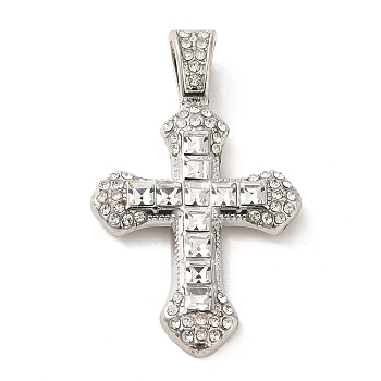 Alloy Rhinestone Pendants, Cross, Platinum, 41.5x25x4mm, Hole: 7x5mm