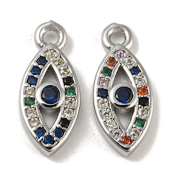Brass Micro Pave Colorful Cubic Zirconia Pendants, Evil Eye, Real Platinum Plated, 13.5x6x2mm, Hole: 1.2mm