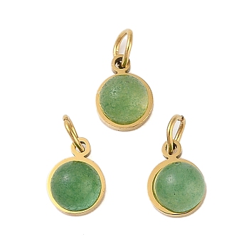 Ion Plating(IP) Natural Green Aventurine Half Round Charms with Jump Ring, Golden Tone 316 Surgical Stainless Steel Charms, 7.5x6x3.5mm, Hole: 2.5mm