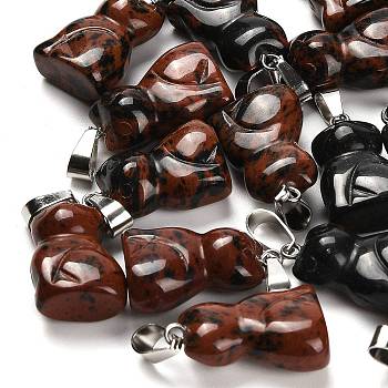 Natural Mahogany Obsidian Pendants, with 201 Stainless Steel Finding, Cat, 24~25x15~16x9~10mm, Hole: 4.5x7mm